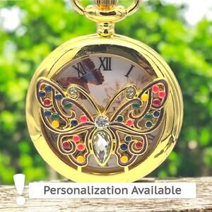 Jewel Butterfly Pocket Watch – Vibrant Crystals, Gold Finish, Fashion Accessory